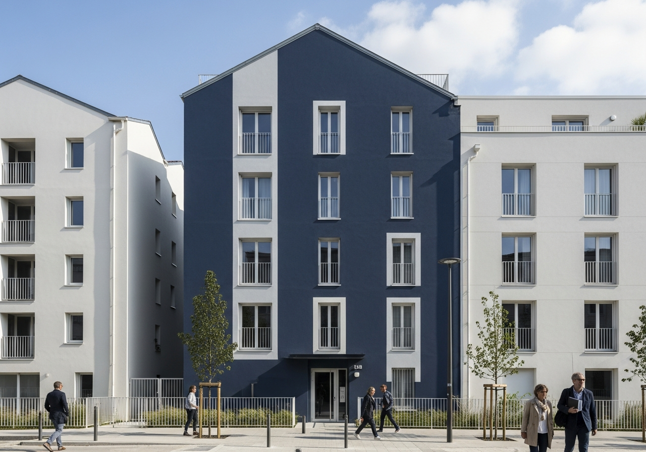 Facades of new residential buildings in France in a calm urban setting.